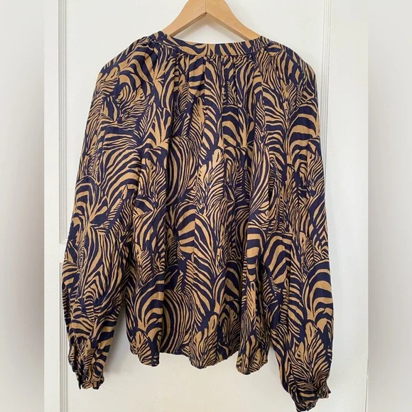 Banana Republic button down linen blouse peasant jungle zebra safari stripes 💙🤎 - Picture 1 of 11